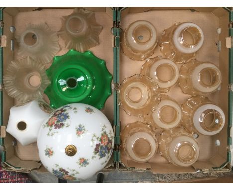 Two boxes of assorted glass light shades, comprising a set of nine clear glass shades, a globular opaline shade, three froste