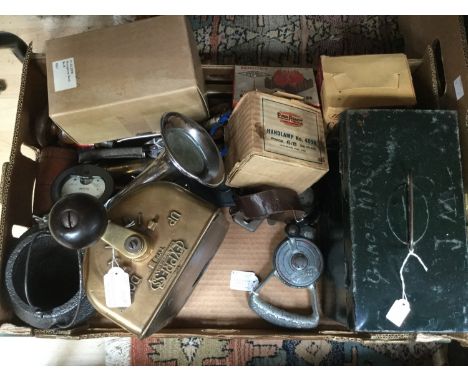 An industrial winch controller; together with a glue pot, metal and wooden tools, a light meter, a 1940s micro ammeter, a Wor