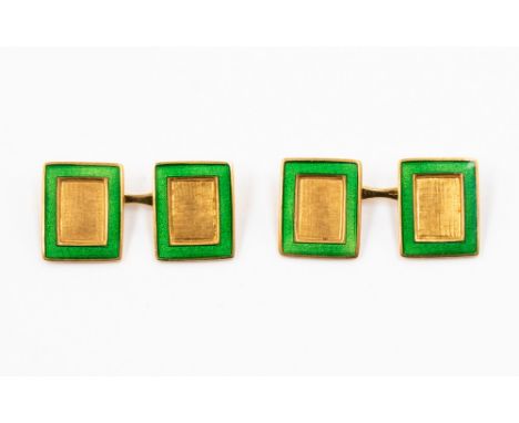Pair of 18ct and Italian cuff links with square terminals, having green enamel borders, approx 10gms, stamped .750
