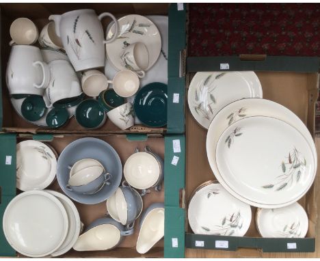 A Denby Wheatsheaf pattern part tea service and other design, six cups, saucers, side plates, sugar bowl, three pots and cove