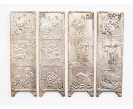 A Chinese silver set of four panels with year symbols marked, dimensions approx 145mm x 45mm, total gross weight of all appro