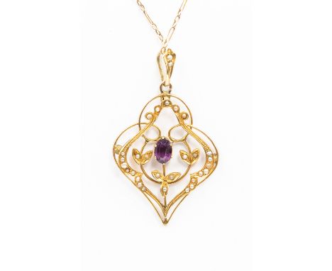 Edwardian amethyst and seed pearl pendant on 9ct yellow gold chain, af