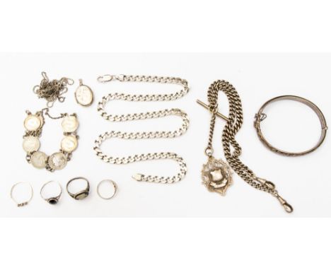 Assorted silver and white metal bangle, necklace, fob, 3d pieces bracelet, rings, etc, total weight approx 4.34 ozt 