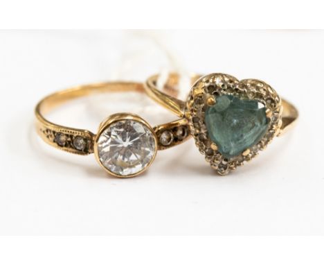 Two 9ct gold dress rings, both hallmarked 9ct gold, one set with a blue heart shaped stone with white stone surround, along w