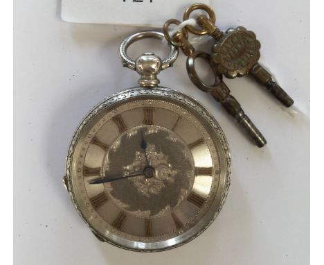 A 'fine silver' ladies Swiss made fob/pocket watch, engraved dial with silver gilt Roman numerals, the first owners name Ruth