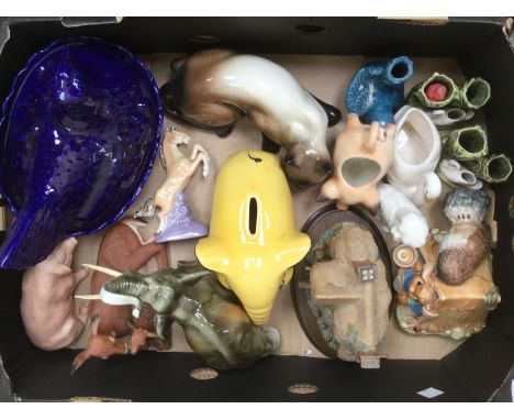 Ceramic ornaments including Royal Dux elephant, Arthur Wood elephant money box, Country Artists cottage, Pendelphin rabbit, c