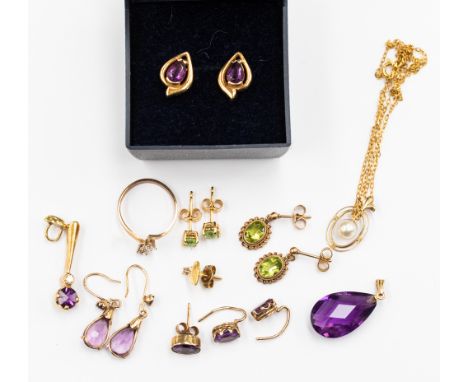 A group of 9ct gold jewellery, comprising peridot and amethyst earrings (unmarked), a pearl necklace pendant and chain, an am