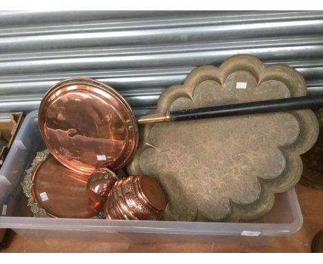 A box containing a collection of metalware, comprising a 19th Century copper salver, a bed warming pan, a George III copper c