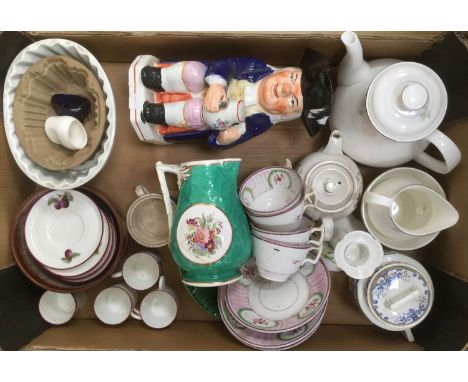 Ceramics including Derby King Street molded jug with floral bouquets, Staffordshire Toby jug, New Hall type teaware, Majolica