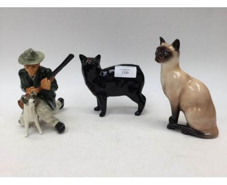 Isle of Man ceramics, Shebea O Thomson, Manx cat, Farmer with gun and collie dog, together with a Royal Doulton Siamese cat (