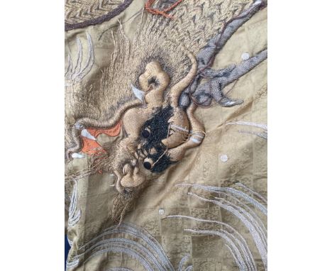A Oriental cloth embellished with gold thread work s/d, item dates probably from 1920/30, edge trimmed in teele, silk with si