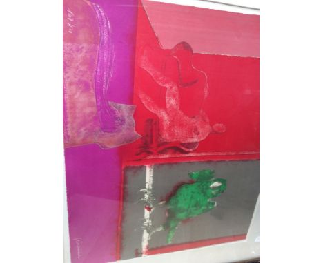 A modern Burmese embroidered and sequined elephant tapestry, an Oriental style ceramic flute in box frame, a framed small Chi
