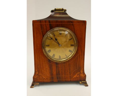Early 20th Century small mantle clock, French gold face Roman numerals, mahogany