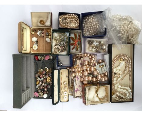 A collection of costume jewellery to include 9ct gold earrings, 1920s dress studs together with pearl earrings, faux pearl ne