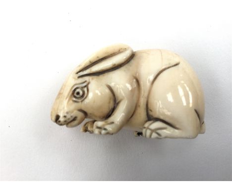 A Japanese Meiji period carved ivory netsuke, of a feeding rabbit, signed, width 4 cm.