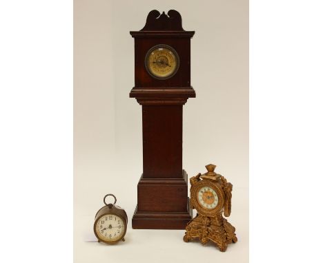 A small gilt timepiece, Arabic numerals to dial; together with a miniature oak cased long case clock and a small round brass 