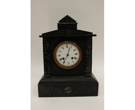 French Victorian black slate clock, Roman numerals white enamel face
