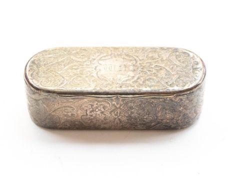 A Victorian silver snuff box, gilt lining, inscription William Miller from Earl of Clare, 25th June 1855,ngraved cartouche an