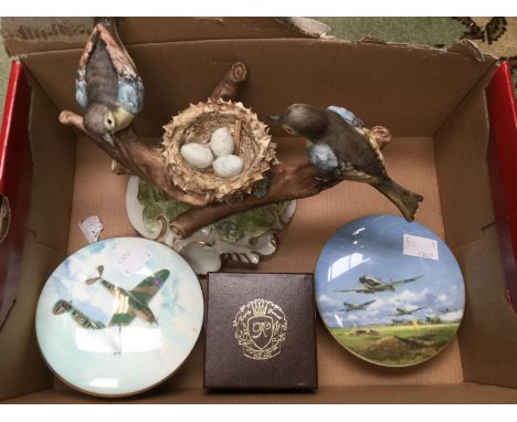 Two Coalport Battle of Britain Commemorative trinket pots and covers with Capo di Monte group of a pair of nesting birds; tog