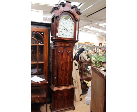  A George III mahogany eight day longcase clock, circa 1770, the hood with a swan neck pediment and dentil moulding, the glaz