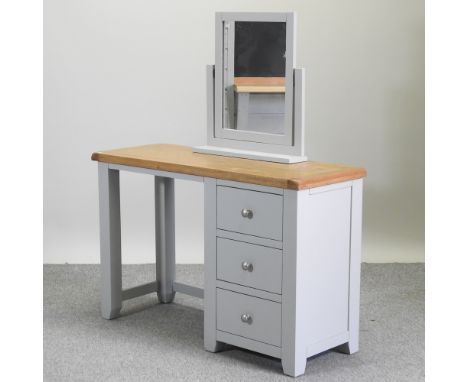 A light oak and grey painted dressing table, 120cm, together with a dressing mirror