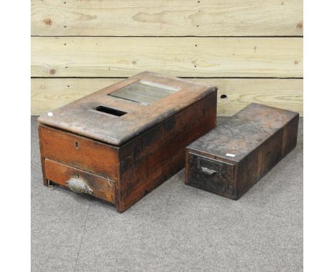 An early 20th century wooden shop till, by G H Gledhill &amp; sons, Halifax, 55cm, together with a vintage card index
