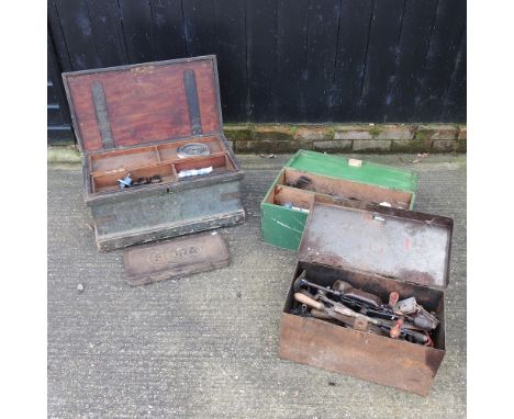 A black painted carpenter's tool box, 69cm, together with a smaller green painted toolbox, a metal toolbox and a collection o