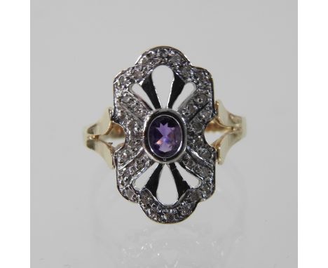 A 9 carat gold amethyst and diamond cluster ring, boxed