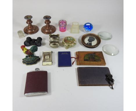 A collection of items, to include a pair of copper candlesticks and a hip flask