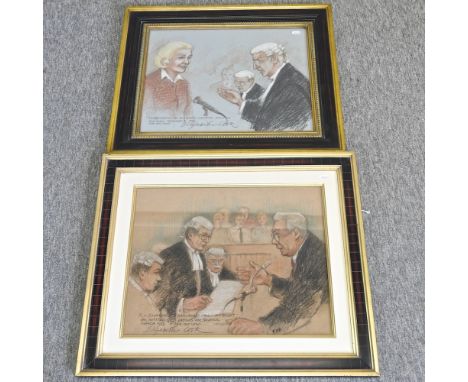 Elizabeth Cook, British, b1948, a courtroom sketch, 40 x 50cm, together with another by the same hand