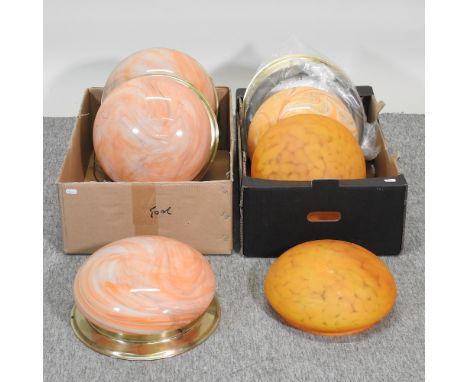 Two boxes of coloured glass light shades, largest 34cm diameter