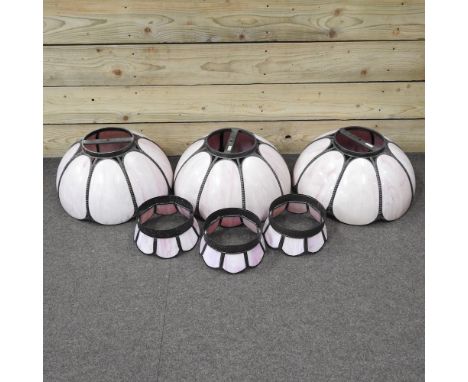 A collection of six modern pink light shades, three 43cm diameter and three smaller