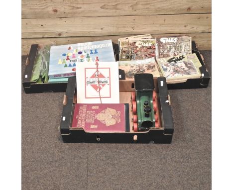 Three boxes of vintage board games, a wooden train 30cm and a collection of Giles annuals 