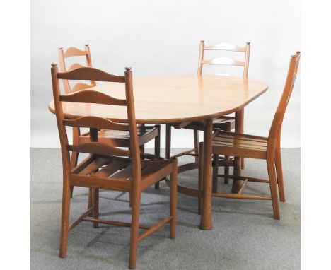 An Ercol light elm extending dining table, 166 x 100cm closed, together with a set of four dining chairs