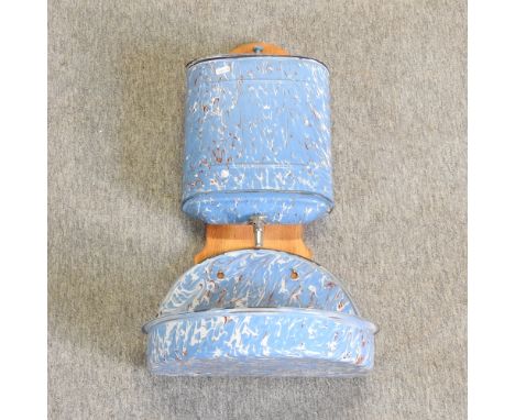 A French blue enamel wall hanging basin, 72cm high