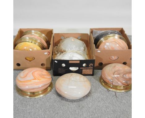 Three boxes of coloured glass light shades, largest 34cm diameter