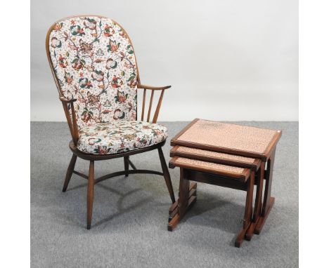 A nest of three 1970's G Plan occasional tables, 53cm, together with a Maples limited edition Ercol style armchair, with loos