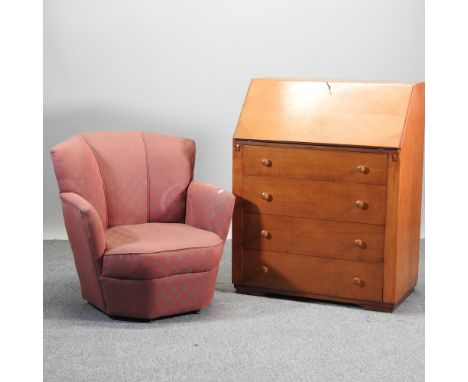 A mid 20th century light oak bureau, together with an Art Deco red upholstered octagonal armchair