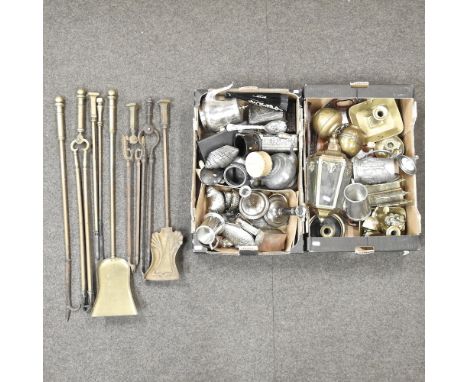 Three boxes of silver plated items and metalwares, together with fire tools