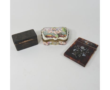A 19th century Italian Naples porcelain box,10cm, together with a continental gilt trinket box and a 19th century card case
