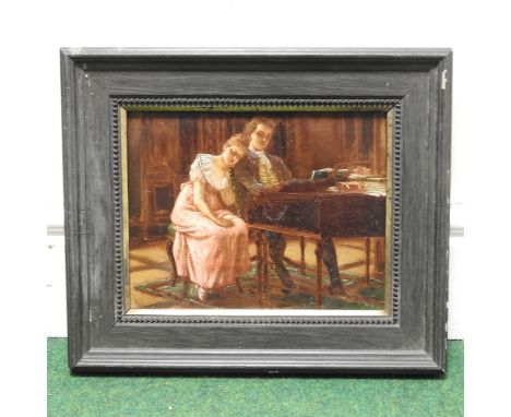 Continental School, 19th century, an elegant couple playing the piano, oil on panel, 20 x 27cm
