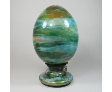 An early 20th century Czech blue Art Glass table lamp, of ovoid shape, signed indistinctly, 36cm high 