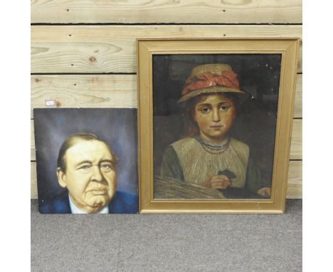 English school, 20th century, portrait of a young girl, oil on board, 49 x 39cm, together with a portrait of Charles Laughton