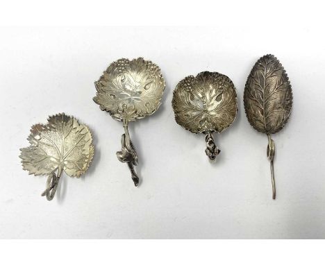 FOUR SILVER CADDY SPOONS, ALL BIRMINGHAM all stamped with vine leaf bowls: one William IV, with looped stem, Taylor &amp; Per