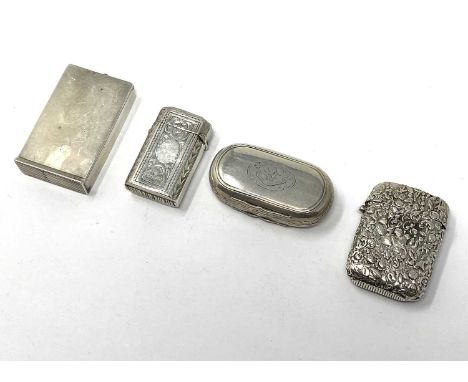 FOUR VICTORIAN SILVER VESTA CASES, GEORGE UNITE, BIRMINGHAM, 1876-1883 one oblong stamped all-over with fruits and flowers, p