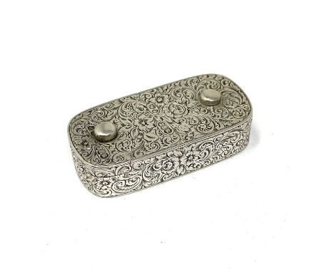 A VICTORIAN SILVER VESTA CASE, JOHN SEPTIMUS BERESFORD, LONDON, 1879 oblong, covered in scroll foliage, the base engine-turne