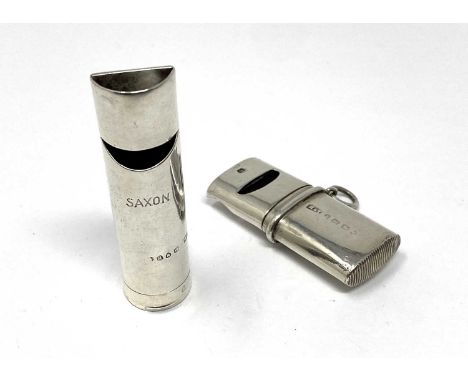 TWO VICTORIAN SILVER COMBINATION WHISTLE VESTA CASES both with whistles to one end: one of circular section and stamped 'SAXO