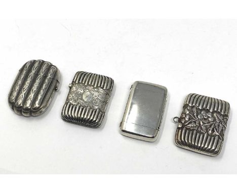 FOUR VICTORIAN SILVER VESTA CASES, ALL BIRMINGHAM two oblong cases with borders of lobing, one engraved between with scroll f