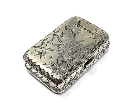 A VICTORIAN SILVER AESTHETIC MOVEMENT VESTA CASE, ELKINGTON & CO., LONDON, 1881 oblong, engraved with birds, bamboo, flowers 