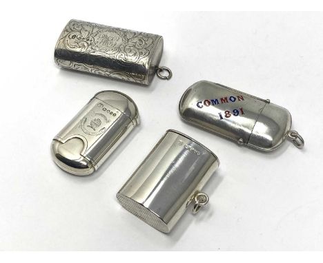 FOUR VICTORIAN SILVER VESTA CASES, RAWLINGS & SUMMERS, LONDON, 1866-1877 one oval section sleeve form, covered in scroll foli